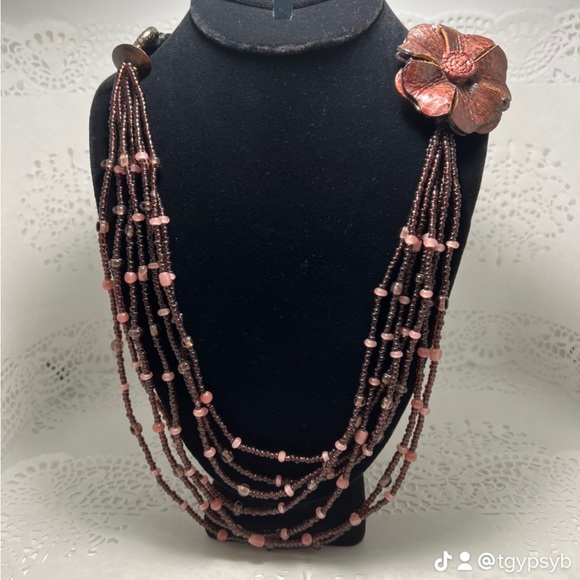 Leather Floral Pendant Multi-Stand Necklace - Picture 4 of 5